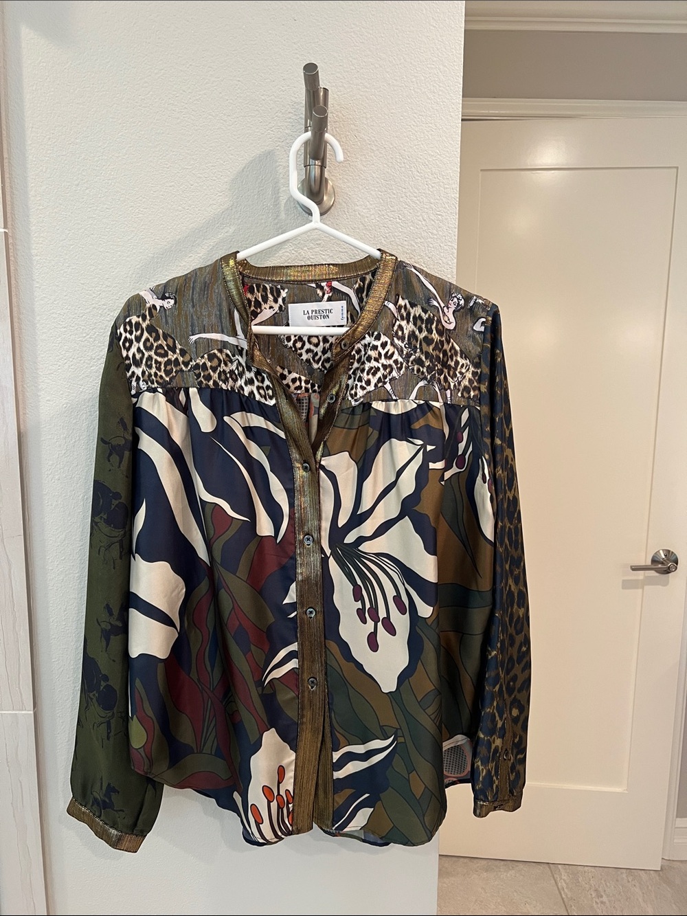 La Prestic Olive Multi Floral & Animal Print Button-Up Blouse- designer size 3